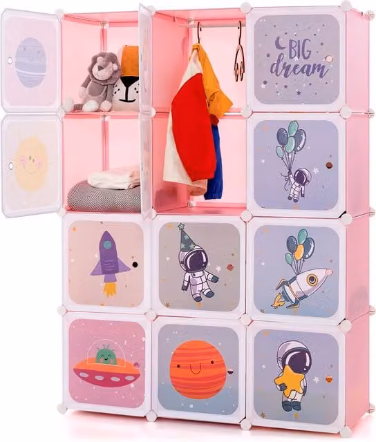 Gymax Portable Childrens Wardrobe and Baby Dresser with 12 Cubes and Hinged Doors in Pink