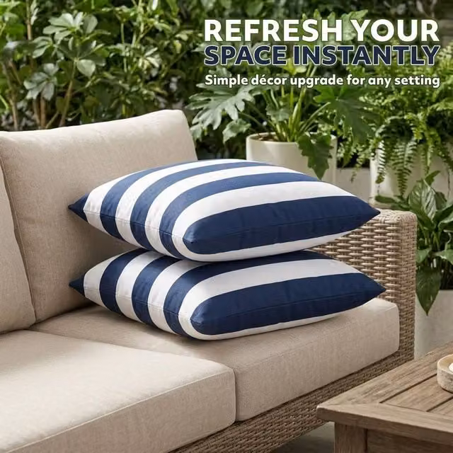 KORVIXA Set of 2 Blue Striped Square Cushion Inserts and Removable Washable Covers, W/D/H: 45 x 45 x 45 cm
