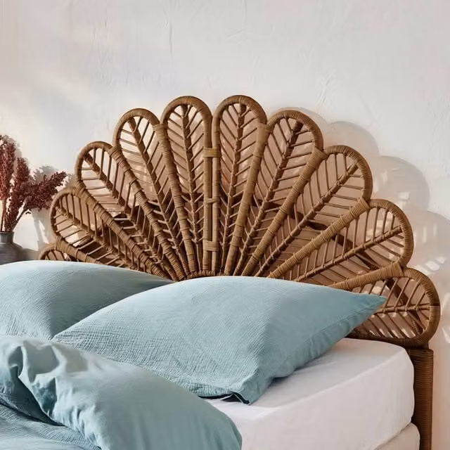 sweeek Boho Dark Rattan Headboard in Beige and Brown, Width: 140 cm