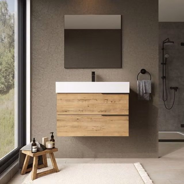 Banyetti Celtic 800mm Wall Hung Bathroom Vanity Unit with Veneto 1 Tap Hole Basin in Ostippo Light Oak, W/D/H: 80 x 45 x 48 cm