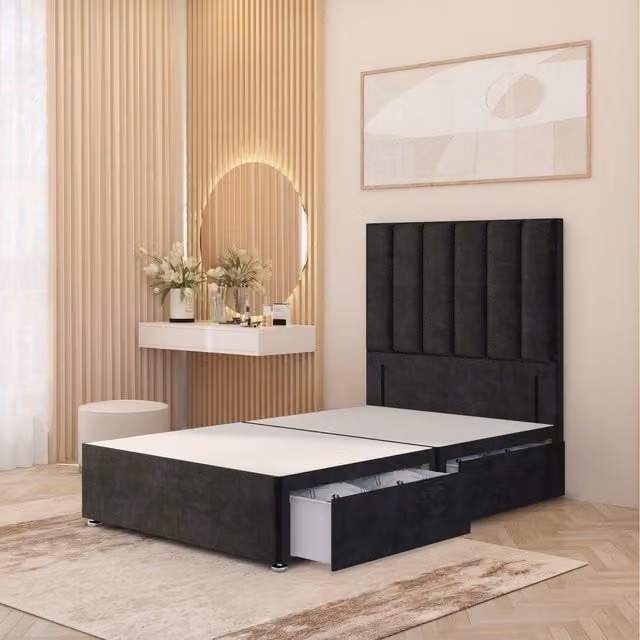 Somnior Beds Ltd Austin Velvet Divan Bed Base with Headboard and Drawers in Black, W/D/H: 120 x 200 x 34.5 cm