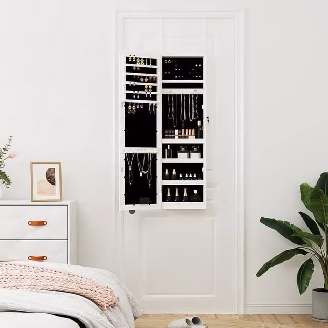 Berkfield Home White Wall Mounted Mirror Jewellery Cabinet with LED Lighting and Lock, H 106 x W 31.5 x D 9 cm