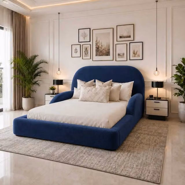 Abstract Haven Ottoman Storage Bed with Headboard by K Mehmood Enterprise Ltd in Blue