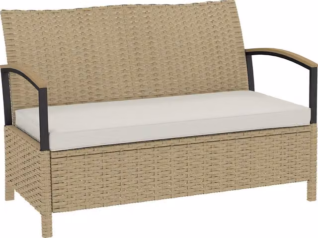 Outsunny 2 Seater PE Rattan Garden Storage Bench with Padded Cushions, Beige
