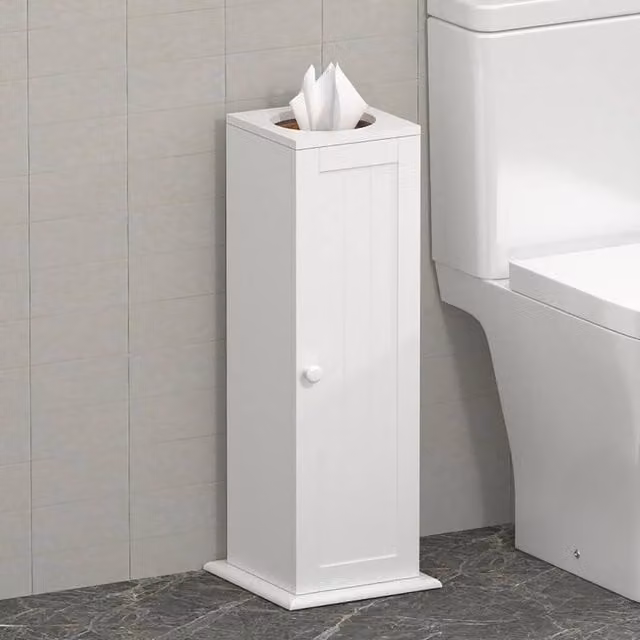 Xample White Wood Freestanding Toilet Paper Roll Holder and Bathroom Storage Cabinet