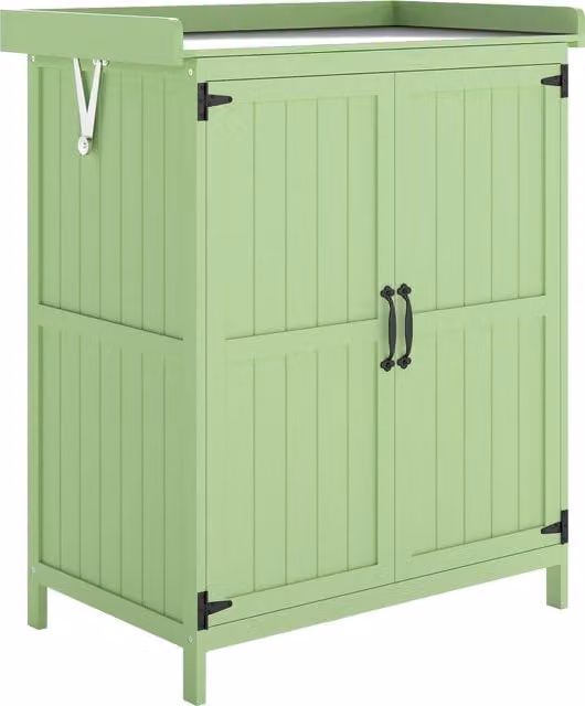 Outsunny Wooden Garden Storage Shed with Double Doors and Internal Shelving, Green, W/D/H: 88.0 x 67.0 x 40.0 cm