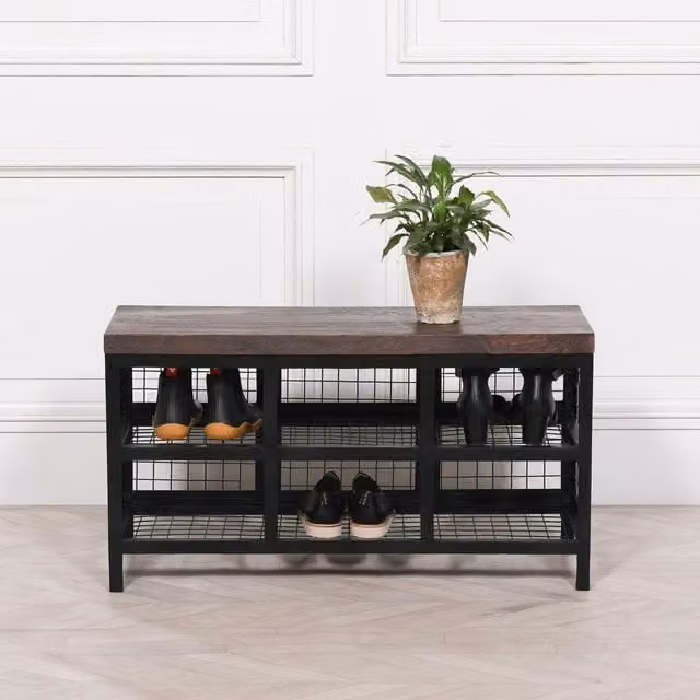 Glasstone Black Metal and Brown Wood Industrial Shoe Rack Storage Bench