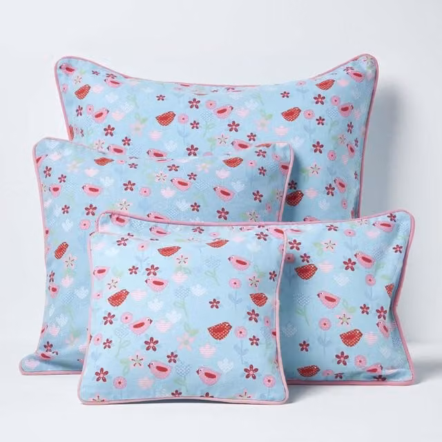 Homescapes Floral Cotton Square Cushion Cover, Blue, W: 50 cm x H: 50 cm