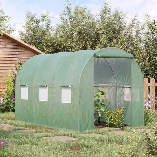 OUTSUNNY Walk in Polytunnel Greenhouse in Dark Green with Galvanised Steel Frame and Zipped Door