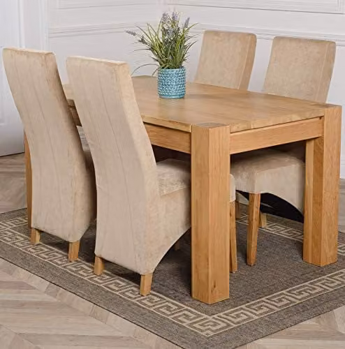 Thats Furniture Kuba Oak Dining Table and 4 Lola Beige Fabric Upholstered Chairs Set, W: 150 cm, D: 85 cm, H: 78 cm
