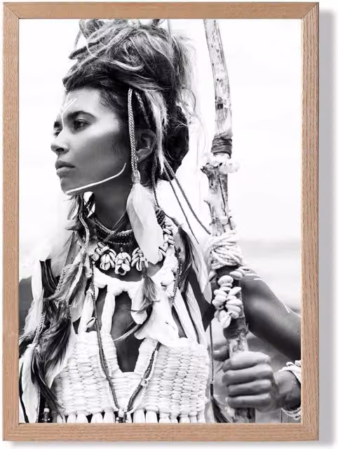 ARTZE Warrior Woman Black and White Photo Framed Print with Oak Frame, A2