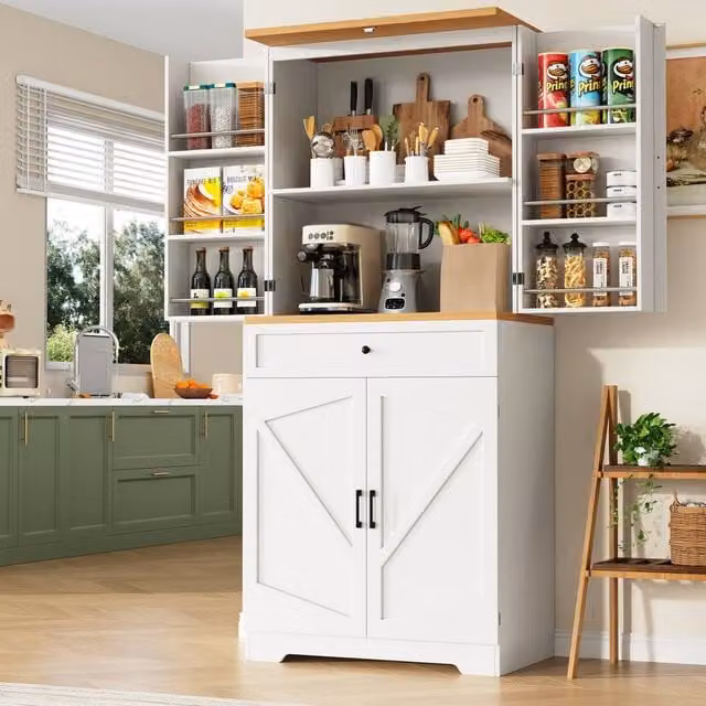 Merax White Tall Kitchen Storage Unit with Drawers, Hinged Doors and Bottle Rack, H 180 x W 80 x D 40 cm