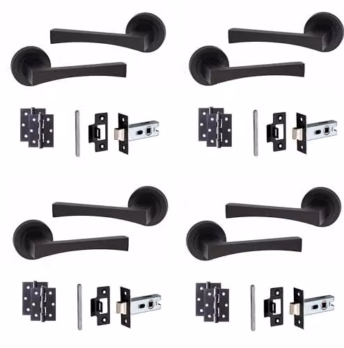 Golden Grace Wave Door Handles with Latch and Hinges, 4 Pairs, Matt Black Finish