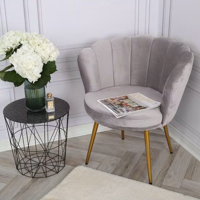 Home Garden Direct Flora Grey Velvet Accent Chair with Scalloped Shell Design and Metal Frame