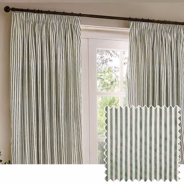 Make It A Home Hebden Striped Cotton Pencil Pleat Curtain Pair in Green, Width: 168 cm, Height: 183 cm
