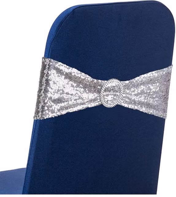 Neel Blue Sequin Dining Chair Band with Silver Slider Buckle and Stretchy Fabric Sash