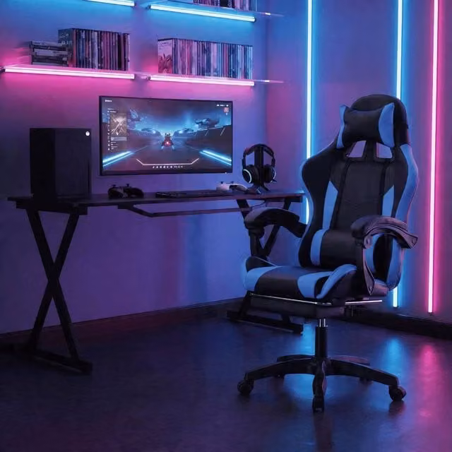 Home Source Neuro Adjustable Blue and Black Synthetic Leather Gaming Chair with Footrest and Headrest