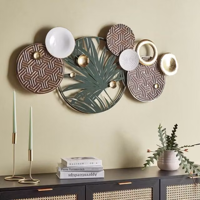 Wyld and Coco Handmade Round Metal Floral Wall Art in Multicolour Gold, White and Green