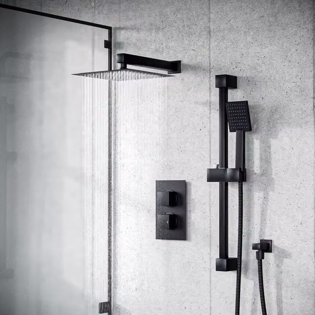 Nes Home Temel 2 Dial Thermostatic Mixer Shower Set with Handset and Riser Slider Rail in Matt Black