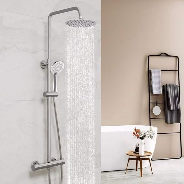 Hinsinc Round Thermostatic Twin Head Exposed Shower Set in Silver with Chrome Finish, W: 180 cm, H: 180 cm