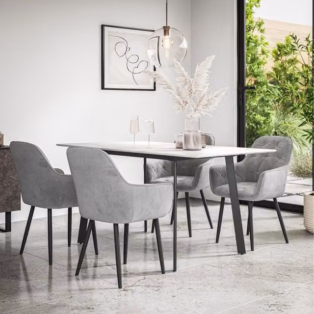 More4Homes Haydon Extending Marble Effect Dining Table Set with 6 Anika Velvet Chairs in Grey, White and Black, W/D/H: 120 x 80 x 76 cm