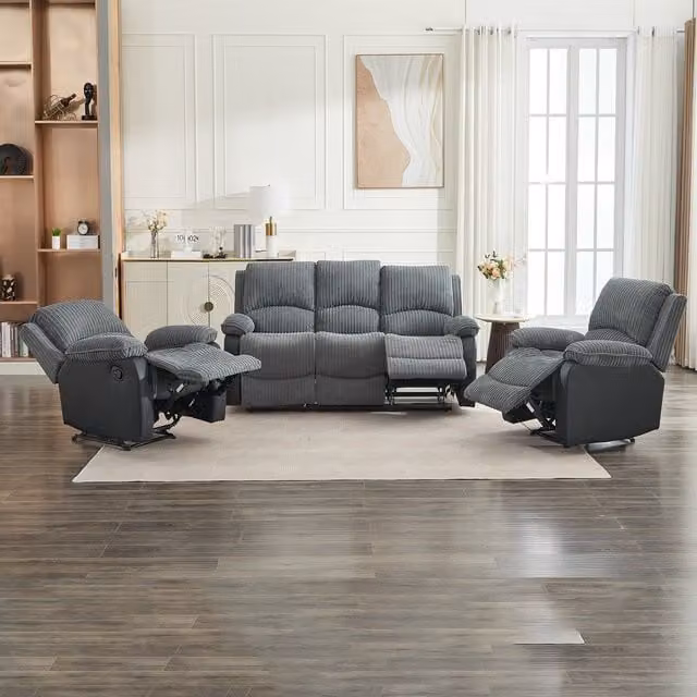 FURNITURE ONE Manual Reclining Corduroy Fabric Sofa Set in Grey, including 3-Seater Sofa and Armchairs
