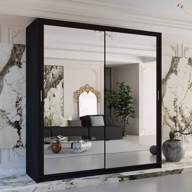 Sliding Wardrobes 4U Double Mirror Sliding Wardrobe with LED Light, Black, W: 203 cm, H: 217 cm, D: 62 cm