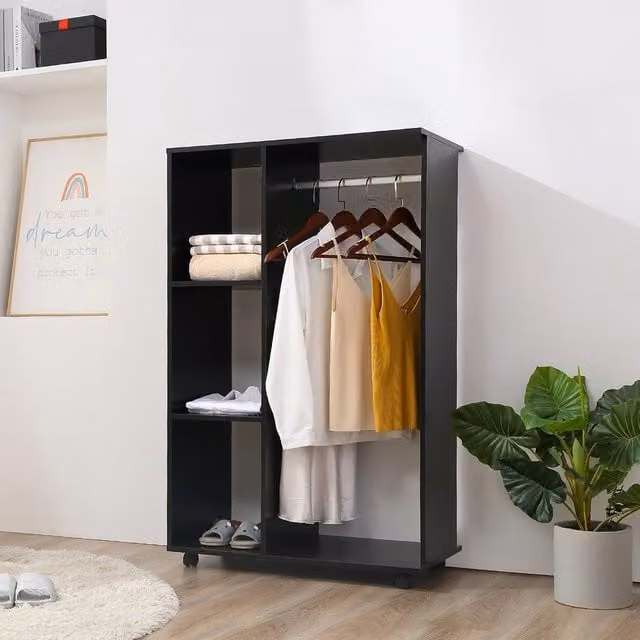 KORVIXA Black Modern Open Wardrobe on Wheels with Continuous Linear Rail, W: 100 cm, H: 128 cm