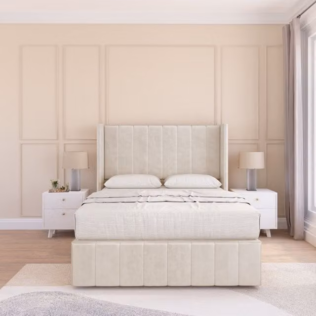 Sloomy Melbourne Plush Velvet Wingback Bed Set with Floor Standing Headboard in Beige, Size: Double (140 x 200 cm)