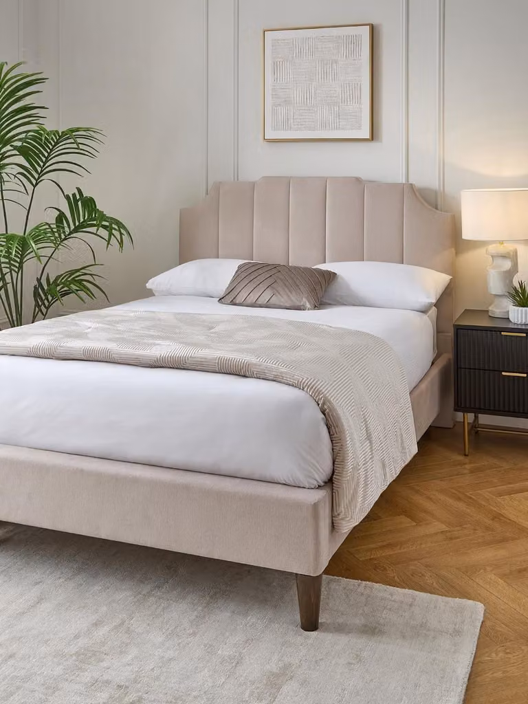 Rene Art Deco Inspired Upholstered King Size Bed in Beige Fabric, W/D/H: 180 x 200 x 121 cm