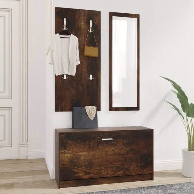 Berkfield Home 3-in-1 Shoe Cabinet, Wall Rack and Mirror Set in Smoked Oak Brown