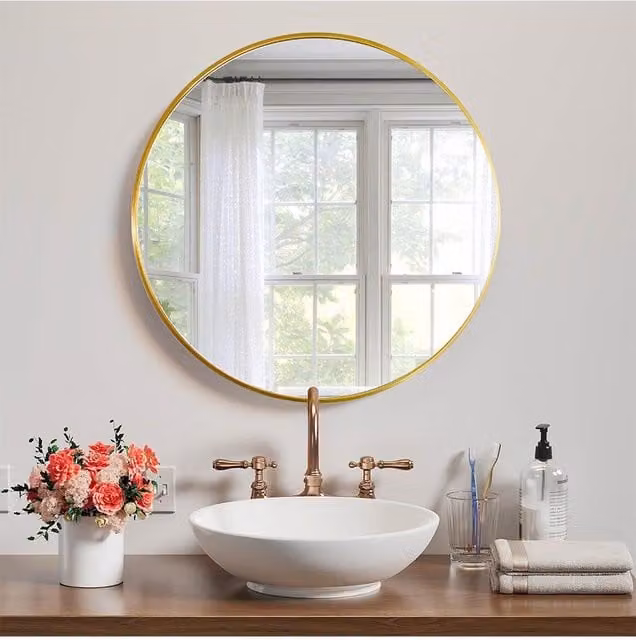 H&O Direct Nordic Round Framed Wall Hanging Mirror in Gold, Diameter: 70 cm