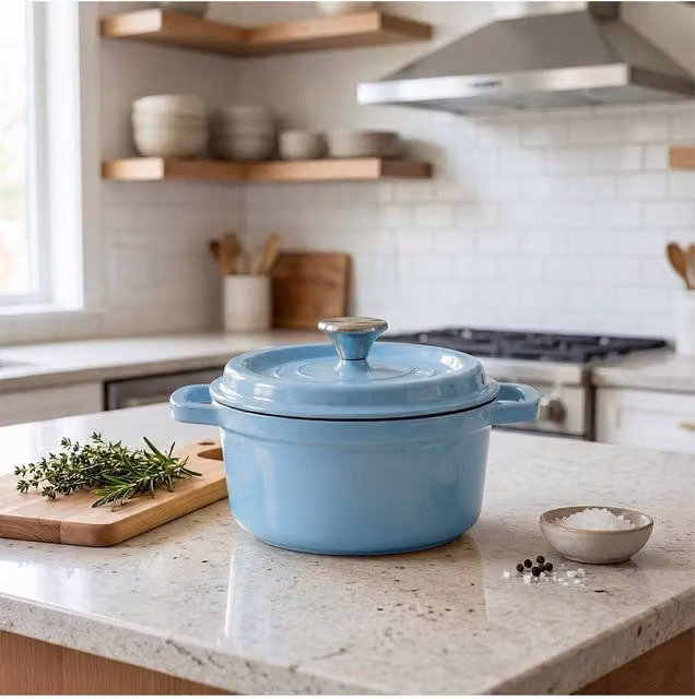 Living and Home Enamelled Cast Iron Dutch Oven Casserole Pot with Glass Lid, Baby Blue, 6 l