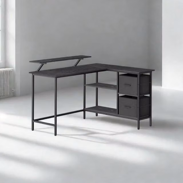 Pirlo Plush Industrial Rustic L-Shaped Corner Computer Desk with Drawers, Black, W/D/H: 105 x 105 x 89.5 cm
