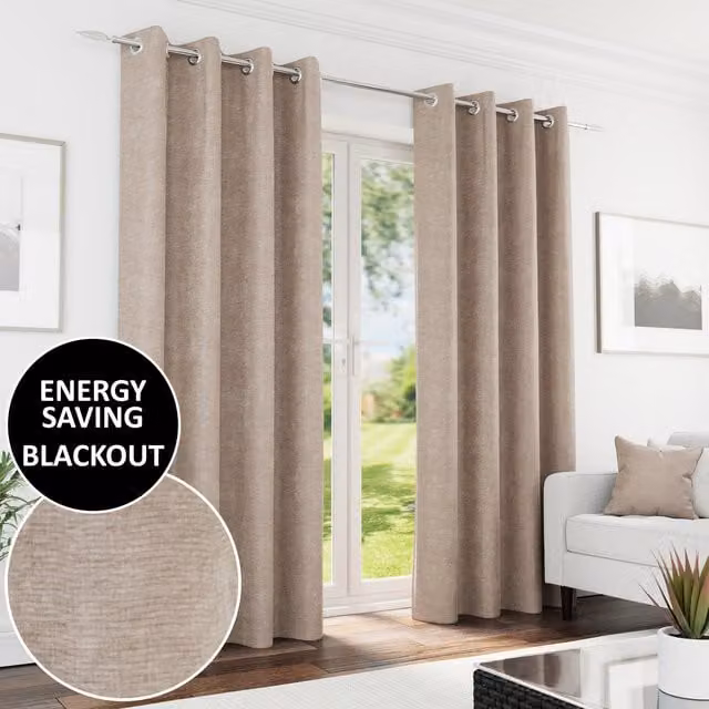 Knightsbridge Sand Blackout Eyelet Curtains, Thermal Insulating, W: 168 cm, H: 137 cm