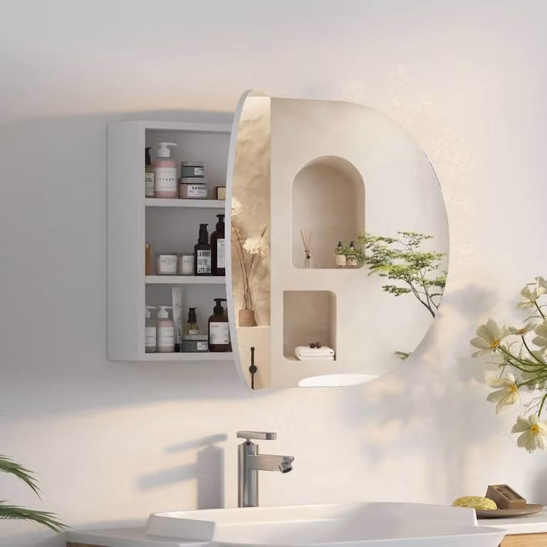 KEEPREAPER Modern White Wall-Mounted Bathroom Mirror Cabinet with Hinged Doors and 5 Storage Compartments