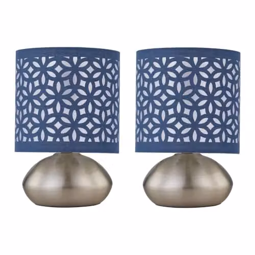 First Choice Lighting Jenson Set of 2 Brushed Chrome Touch Table Lamps with Blue Fabric Cut Out Shades