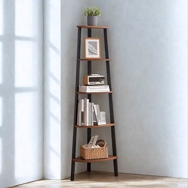 Pirlo Plush 5 Tier Industrial Freestanding Corner Shelving Unit in Brown and Black, H 159.0 cm x W 37.2 cm x D 37.2 cm