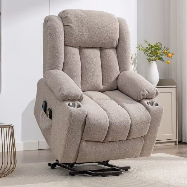 Artemis Home Redding Dual Motor Electric Lift Assist Recliner Chair with Massage and Heat in Light Brown Bouclé Fabric