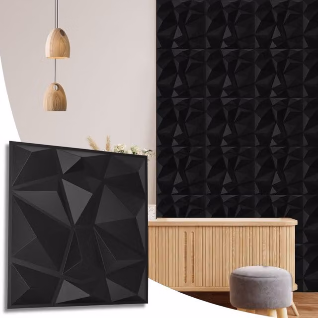 NOVECRAFTO Black Geometric 3D PVC Wall Panels with Diamond Design, W/D/H: 50 x 50 x 1.5 cm, Pack of 8