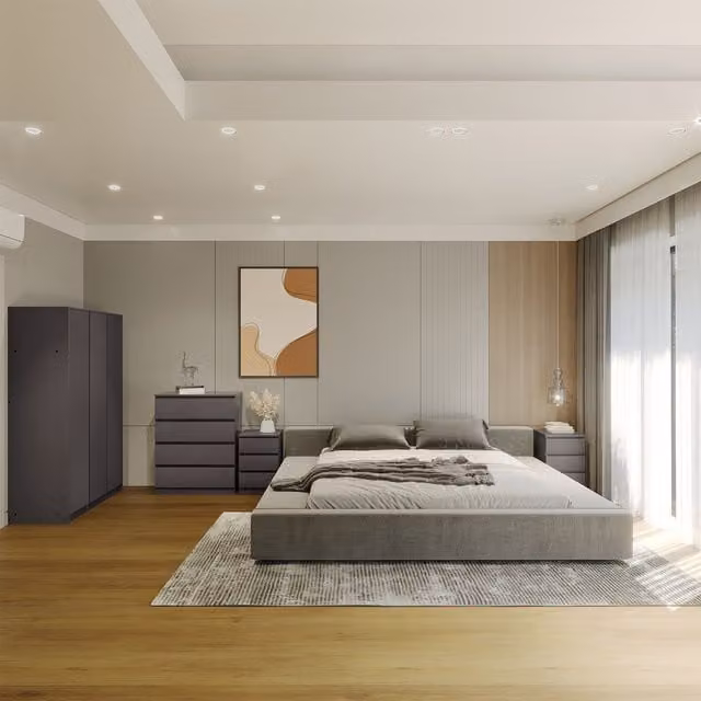 Seconique Modern Grey Bedroom Set with Wardrobe, Nightstand and Chest of Drawers