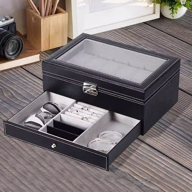 EONLION Black PU Leather Watch Winder and Storage Box with Glass Lid, W: 50.0 cm, D: 30.0 cm, H: 15.0 cm