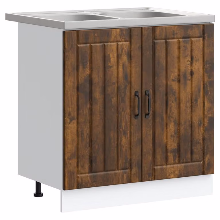 Berkfield Home Lucca Kitchen Sink Cabinet with Double Basins in Smoked Oak Brown, W/D/H: 81.5 x 46 x 46 cm