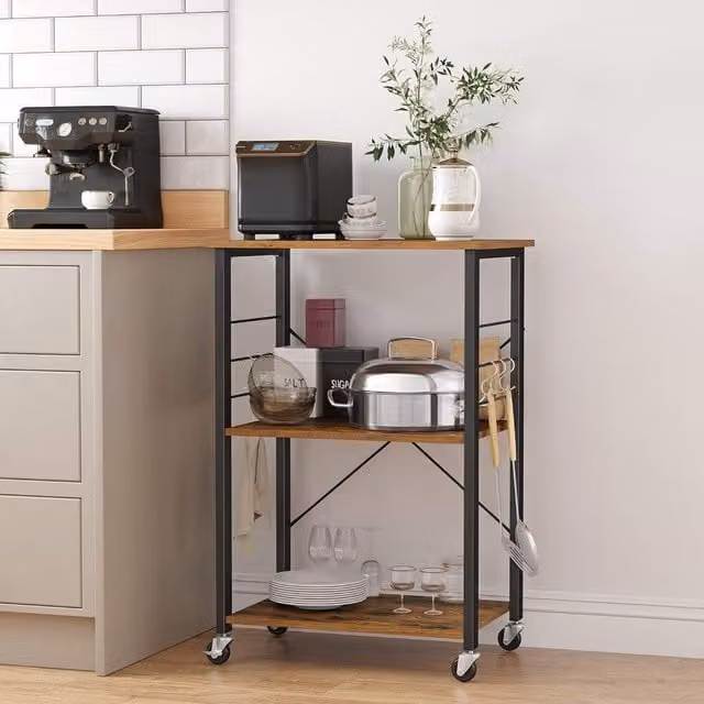 The Bazaarist 3 Tier Rolling Kitchen Cart with 6 Hooks in Rustic Brown and Black