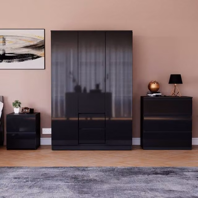 HD Designs Glinton 3 Piece Modern Glossy Black Bedroom Set including Wardrobe, Chest of Drawers and Nightstand