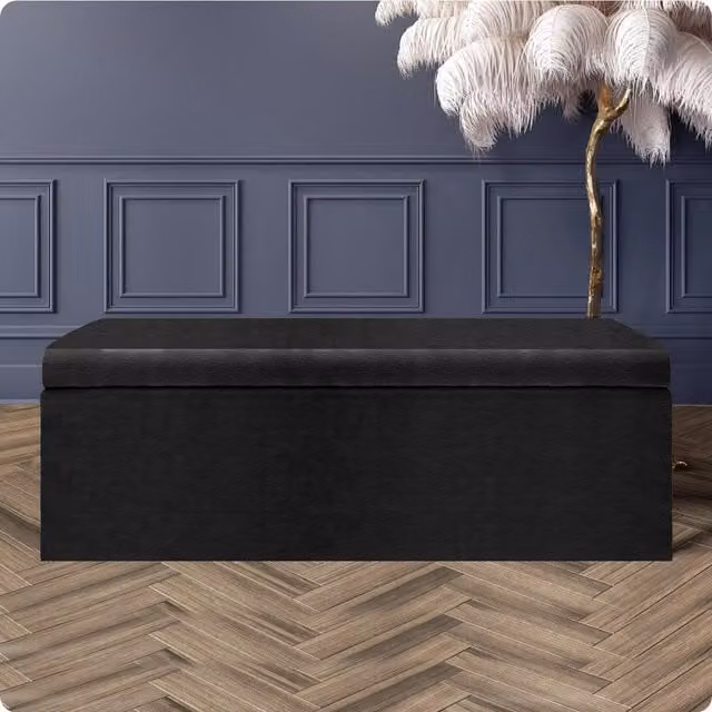 R&M Furnishers Large Plain Safar Upholstered Storage Ottoman Bench in Black Naples