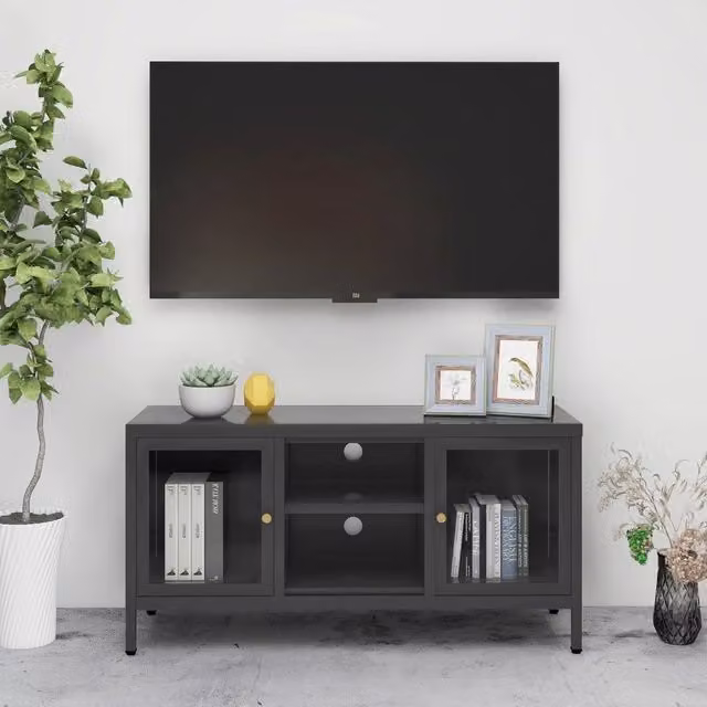Berkfield Home Anthracite TV Cabinet with Glass Doors and Metal Frame, W/D/H: 105 x 35 x 52 cm