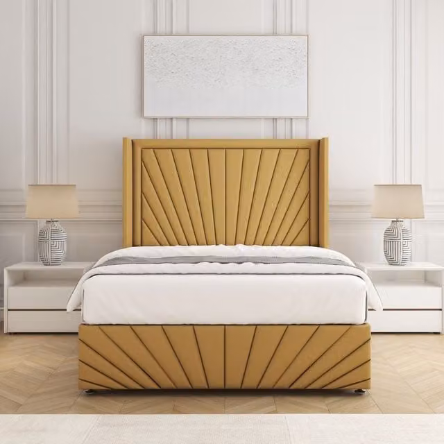 BSSPOKE Nola Plush Velvet Divan Bed Set with 54 inch Headboard and Mattress in Mustard Yellow, Super King, W/D/H: 200 x 163 x 3 cm