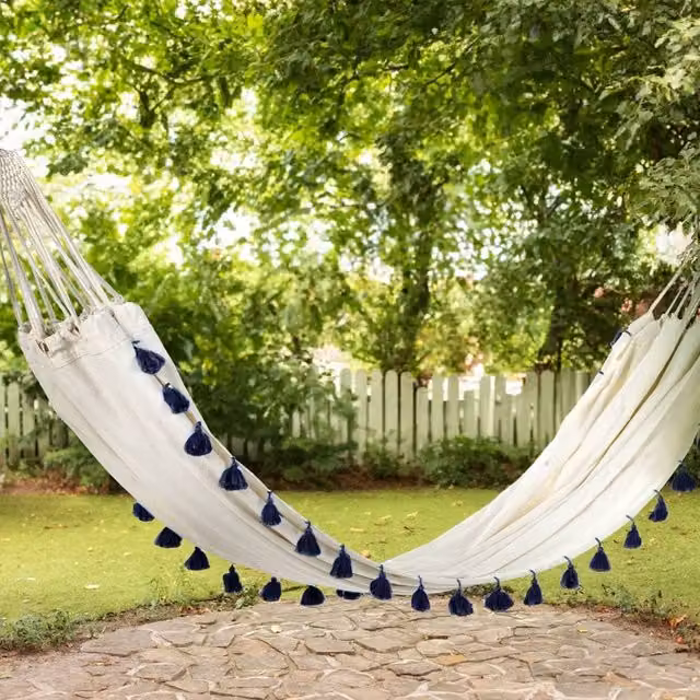 Wyld and Coco Beige Cotton Hammock with Pom-Pom Trim