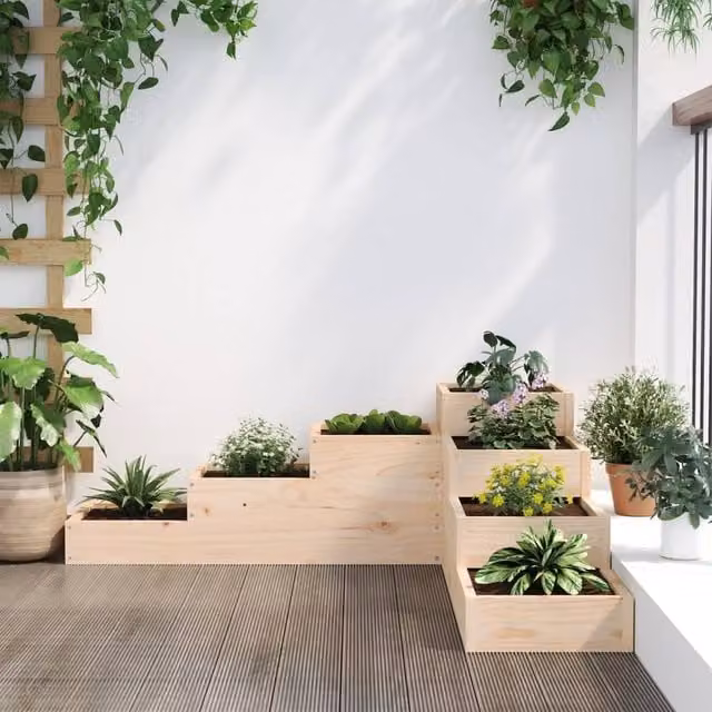 Berkfield Home Beautiful Garden Planter 4-Tier Rustic Solid Pine Wood in Brown and Beige, W/D/H: 106 x 104.5 x 36 cm